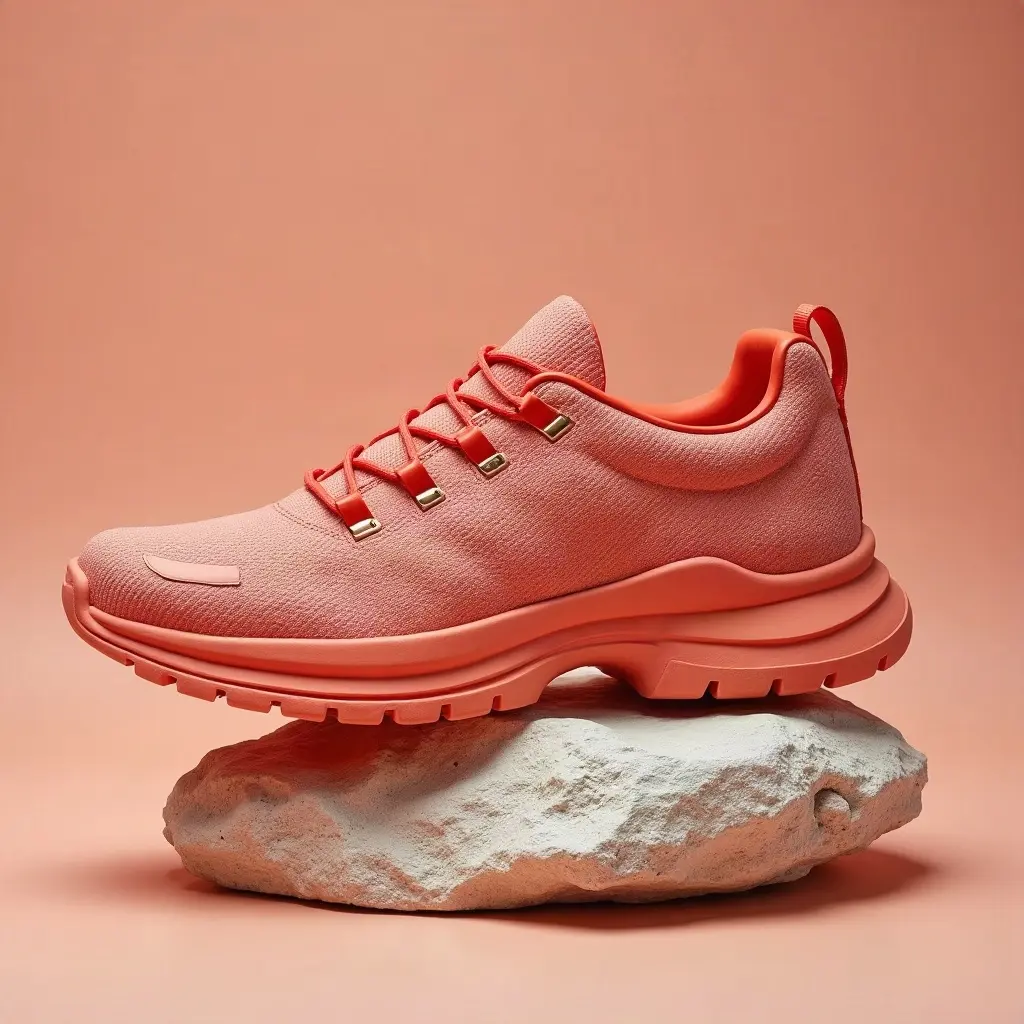 Coral sneaker on textured stone in an editorial product image generated in FoxCut